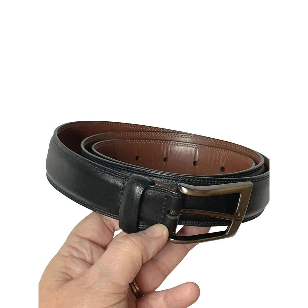 Perry Ellis Portfolio Mens Black Genuine Leather Belt‎ Silver Buckle Size 42